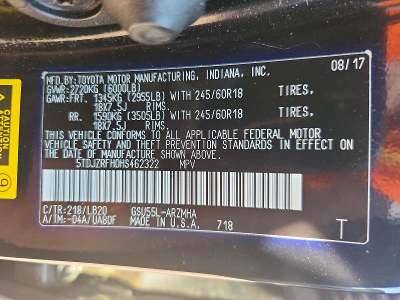 Aukcja sprzedaży 2017 Toyota Highlander, vin: 5TDJZRFH0HS462322, numer aukcji: 63391276