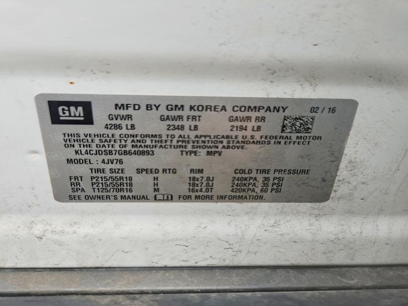 64797476 :رقم المزاد ، KL4CJDSB7GB640893 vin ، 2016 Buick Encore مزاد بيع