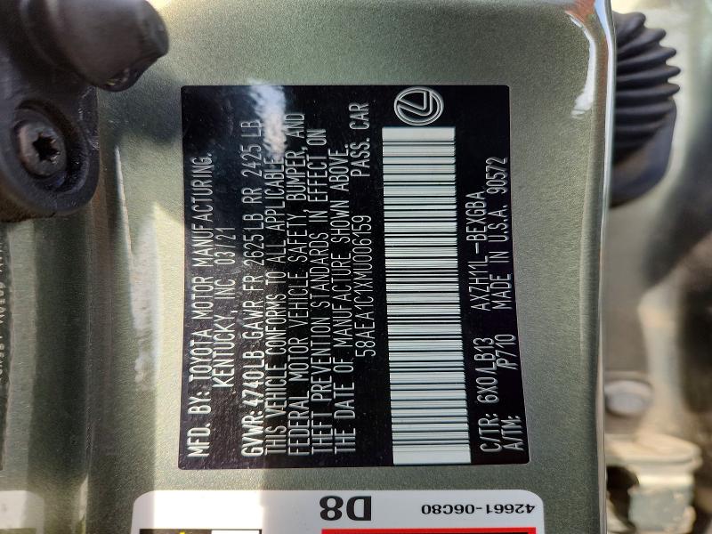 2021 Lexus Es მანქანა იყიდება აუქციონზე, vin: 58AEA1C1XMU006159, აუქციონის ნომერი: 64283656