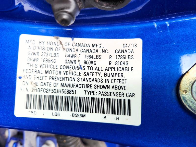 2018 Honda Civic მანქანა იყიდება აუქციონზე, vin: 2HGFC2F50JH558851, აუქციონის ნომერი: 66971256
