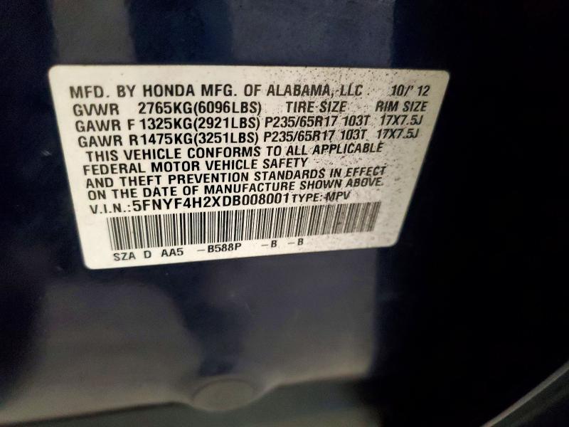 67252936 :رقم المزاد ، 5FNYF4H2XDB008001 vin ، 2013 Honda Pilot مزاد بيع