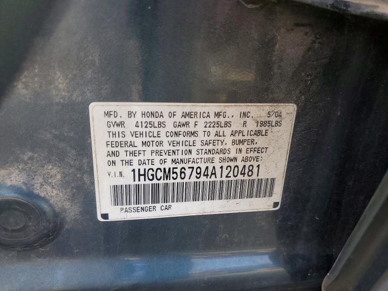 Aukcja sprzedaży 2004 Honda Accord, vin: 1HGCM56794A120481, numer aukcji: 63834286
