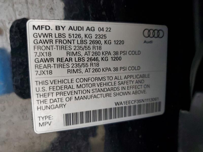 Aukcja sprzedaży 2022 Audi Q3, vin: WA1EECF35N1113061, numer aukcji: 63477446