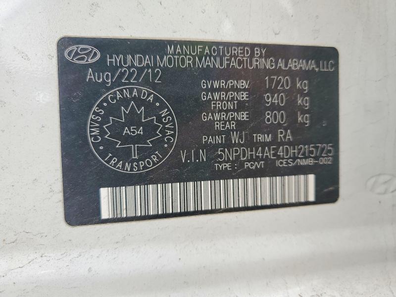 65362346 :رقم المزاد ، 5NPDH4AE4DH215725 vin ، 2013 Hyundai Elantra مزاد بيع