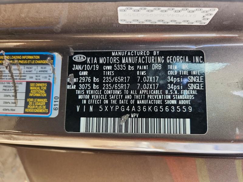 Продаж на аукціоні авто 2019 Kia Sorento, vin: 5XYPG4A36KG563559, номер лоту: 65098466