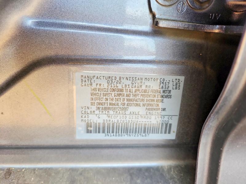 2022 Nissan Sentra მანქანა იყიდება აუქციონზე, vin: 3N1AB8BV9NY259687, აუქციონის ნომერი: 65110046