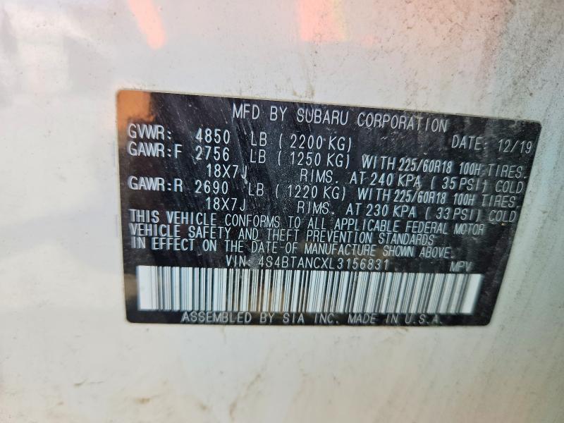 2020 Subaru Outback მანქანა იყიდება აუქციონზე, vin: 4S4BTANCXL3156831, აუქციონის ნომერი: 64241216