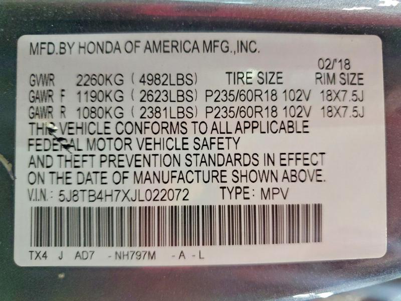 Auction sale of the 2018 Acura Rdx, vin: 5J8TB4H7XJL022072, lot number: 63894656