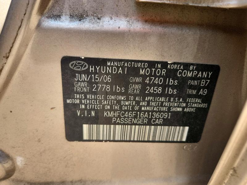 2006 Hyundai Azera მანქანა იყიდება აუქციონზე, vin: KMHFC46F16A136091, აუქციონის ნომერი: 66798876