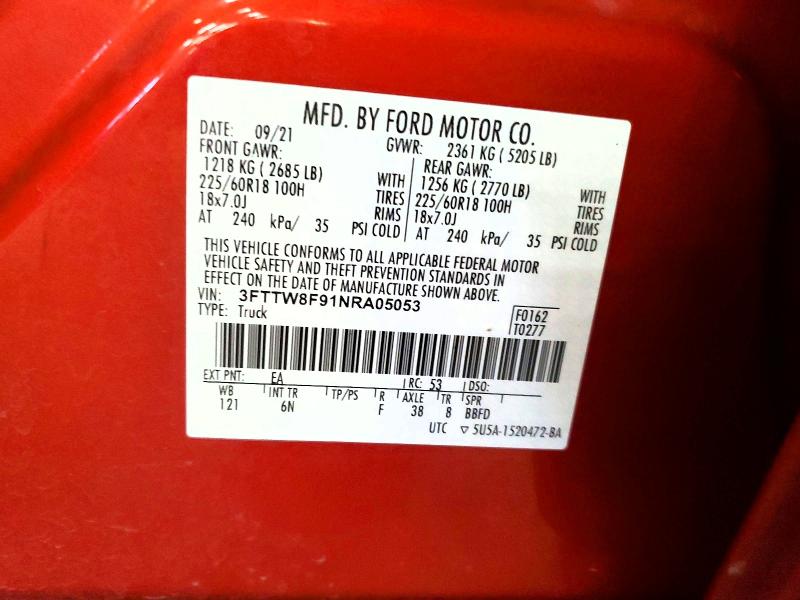 2022 Ford Maverick მანქანა იყიდება აუქციონზე, vin: 3FTTW8F91NRA05053, აუქციონის ნომერი: 65180686