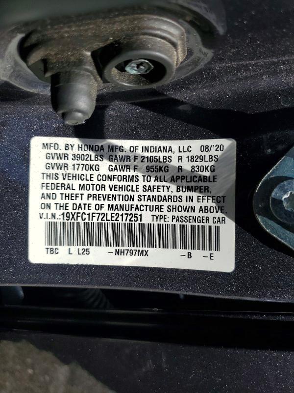 2020 Honda Civic მანქანა იყიდება აუქციონზე, vin: 19XFC1F72LE217251, აუქციონის ნომერი: 66795386