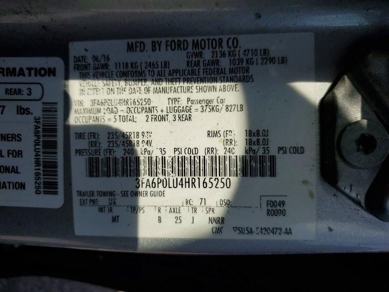 2017 Ford Fusion მანქანა იყიდება აუქციონზე, vin: 3FA6P0LU4HR165250, აუქციონის ნომერი: 64140986