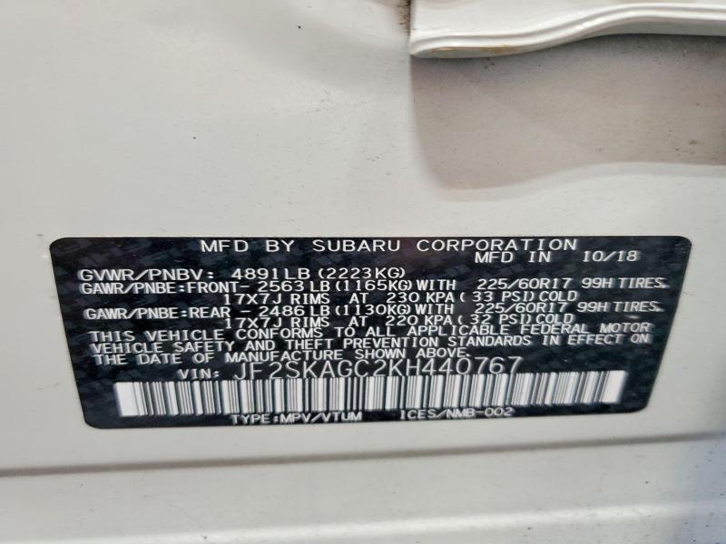 Продажа на аукционе авто 2019 Subaru Forester, vin: JF2SKAGC2KH440767, номер лота: 64302486