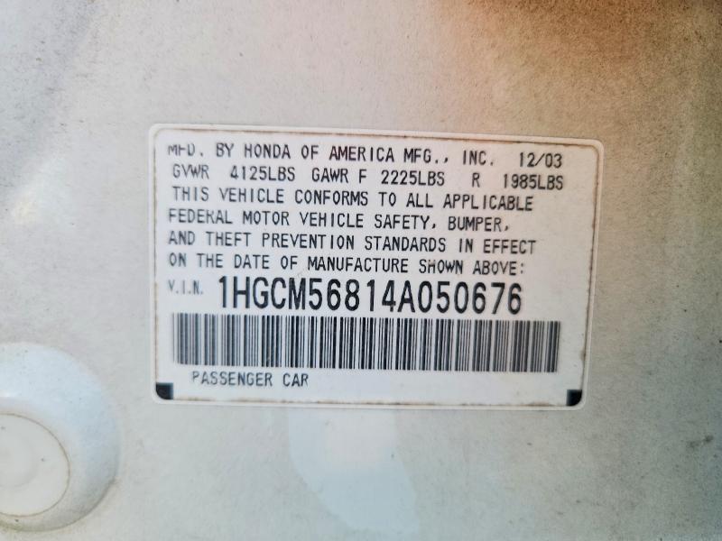 Aukcja sprzedaży 2004 Honda Accord, vin: 1HGCM56814A050676, numer aukcji: 64701076