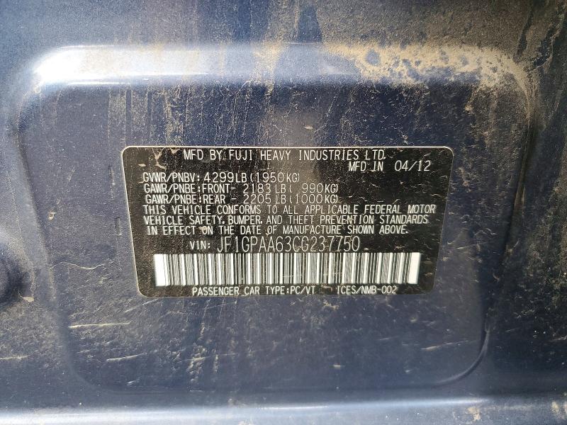 Aukcja sprzedaży 2012 Subaru Impreza, vin: JF1GPAA63CG237750, numer aukcji: 65030506
