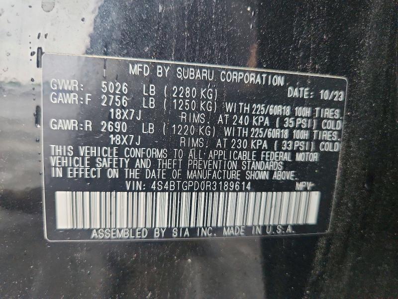 Продажа на аукционе авто 2024 Subaru Outback, vin: 4S4BTGPD0R3189614, номер лота: 63492656
