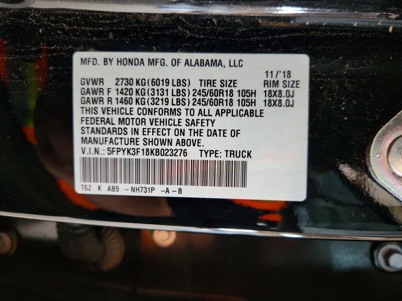 Aukcja sprzedaży 2019 Honda Ridgeline, vin: 5FPYK3F18KB023276, numer aukcji: 64516336