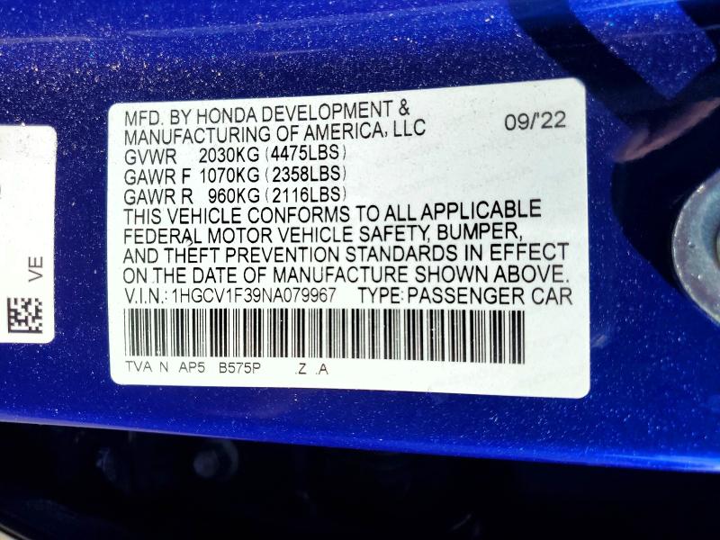 Aukcja sprzedaży 2022 Honda Accord, vin: 1HGCV1F39NA079967, numer aukcji: 64488106