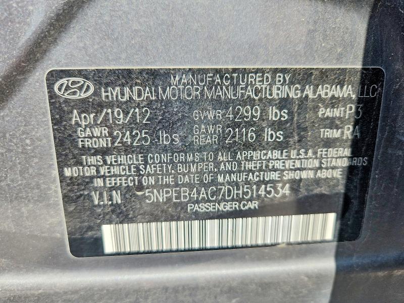 2013 Hyundai Sonata მანქანა იყიდება აუქციონზე, vin: 5NPEB4AC7DH514534, აუქციონის ნომერი: 63859796