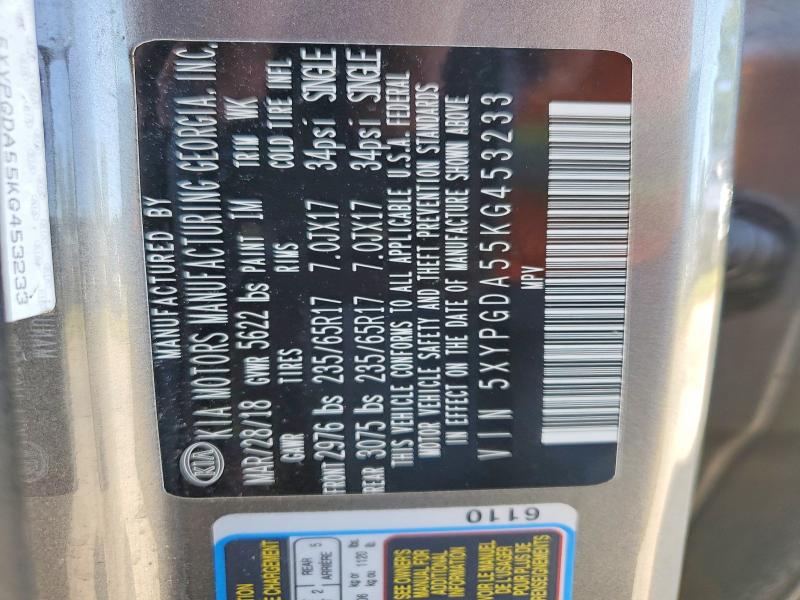 63483256 :رقم المزاد ، 5XYPGDA55KG453233 vin ، 2019 Kia Sorento مزاد بيع
