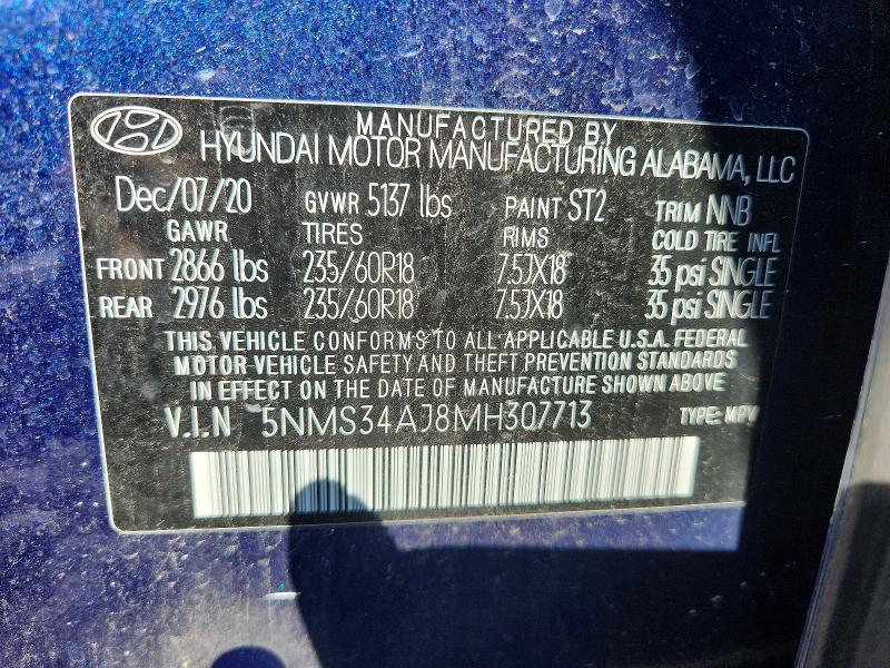 66050046 :رقم المزاد ، 5NMS34AJ8MH307713 vin ، 2021 Hyundai Santa Fe مزاد بيع