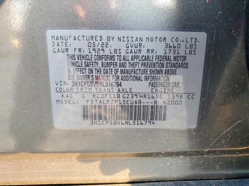 Продажа на аукционе авто 2022 Nissan Kicks, vin: 3N1CP5BV6NL516794, номер лота: 64510126
