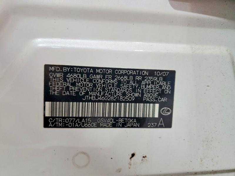 66613006 :رقم المزاد ، JTHBJ46G282182509 vin ، 2008 Lexus Es مزاد بيع