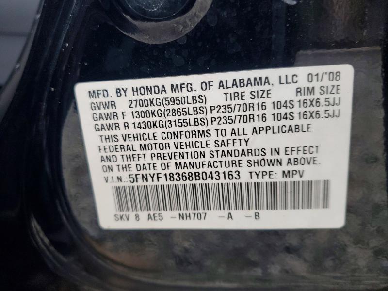 Aukcja sprzedaży 2008 Honda Pilot, vin: 5FNYF18368B043163, numer aukcji: 64910106