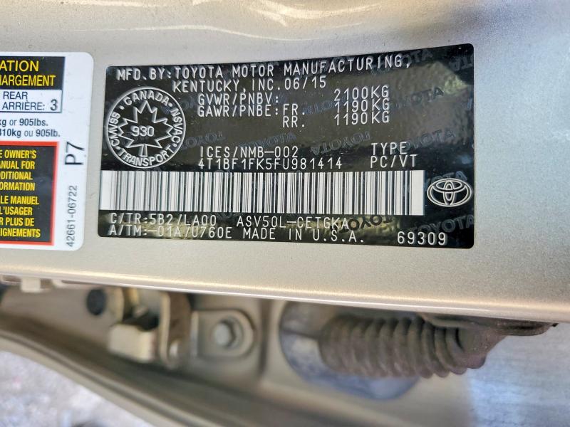 Продажа на аукционе авто 2015 Toyota Camry, vin: 4T1BF1FK5FU981414, номер лота: 66274616