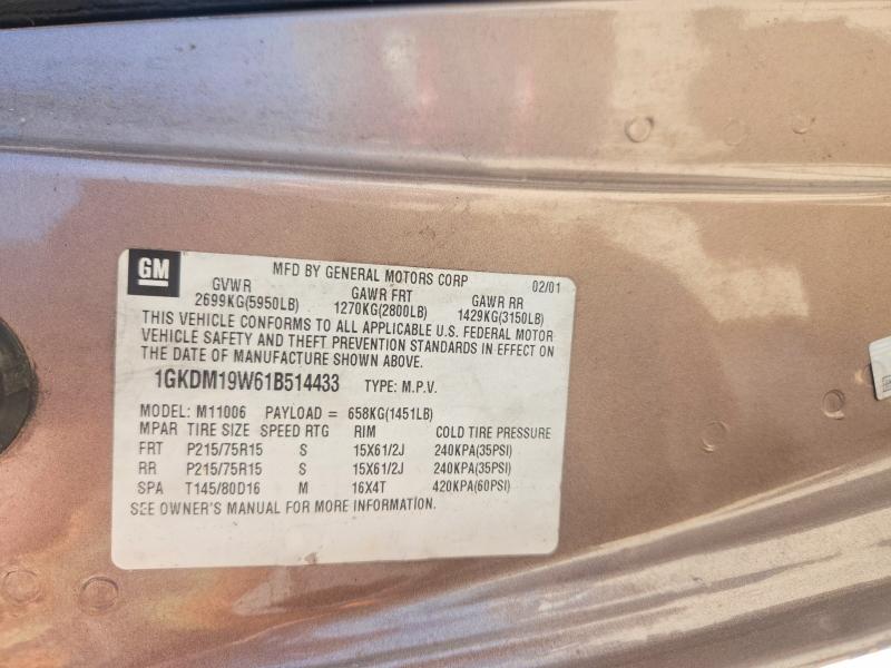 2001 Gmc Safari მანქანა იყიდება აუქციონზე, vin: 1GKDM19W61B514433, აუქციონის ნომერი: 65691416