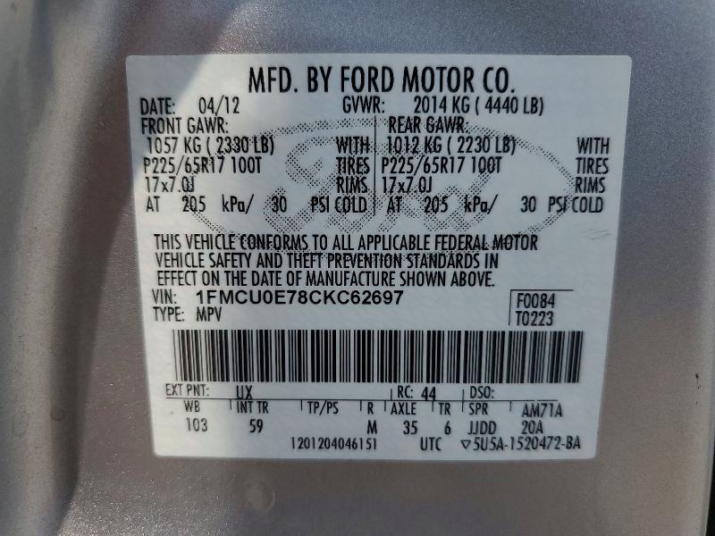 Aukcja sprzedaży 2012 Ford Escape, vin: 1FMCU0E78CKC62697, numer aukcji: 64213776
