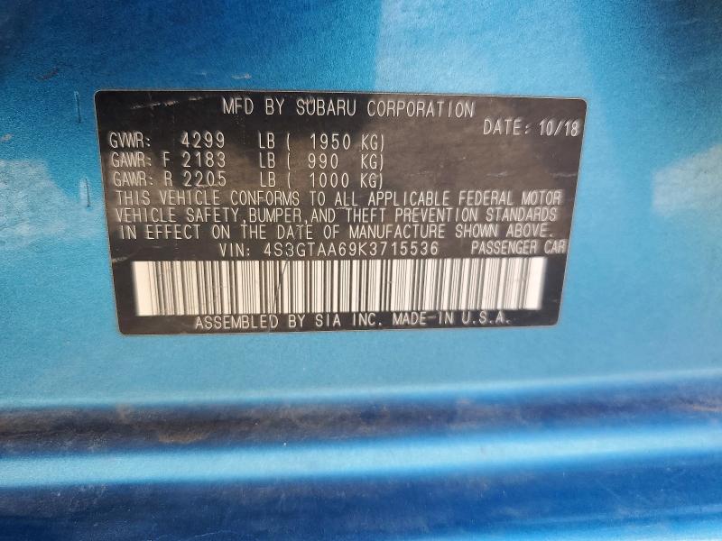 64103846 :رقم المزاد ، 4S3GTAA69K3715536 vin ، 2019 Subaru Impreza مزاد بيع