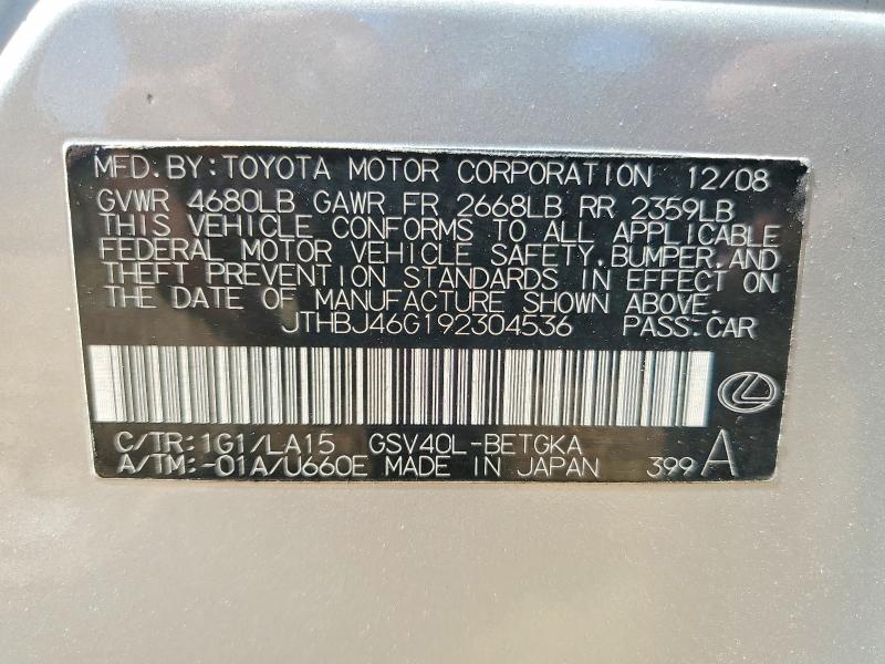 64788446 :رقم المزاد ، JTHBJ46G192304536 vin ، 2009 Lexus Es مزاد بيع