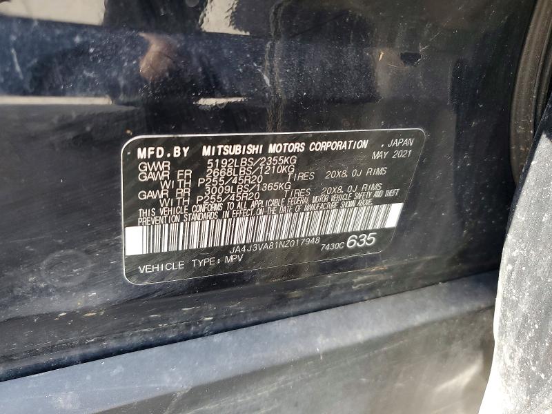 2022 Mitsubishi Outlander მანქანა იყიდება აუქციონზე, vin: JA4J3VA81NZ017948, აუქციონის ნომერი: 63725526