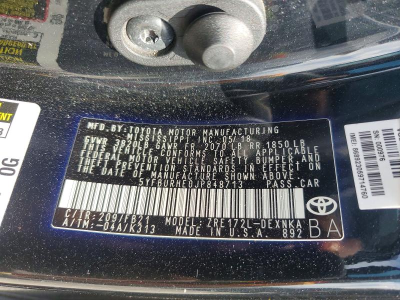 Aukcja sprzedaży 2018 Toyota Corolla, vin: 5YFBURHE0JP848713, numer aukcji: 64214786