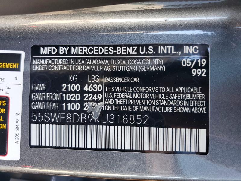 Aukcja sprzedaży 2019 Mercedes-benz C, vin: 55SWF8DB9KU318852, numer aukcji: 66308066