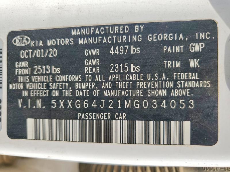 Aukcja sprzedaży 2021 Kia K5, vin: 5XXG64J21MG034053, numer aukcji: 65137676