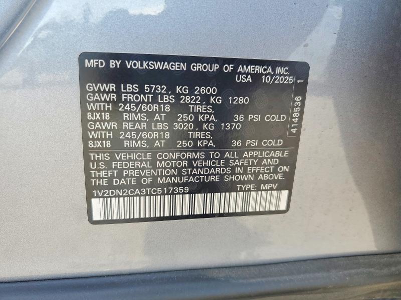 2026 Volkswagen Atlas მანქანა იყიდება აუქციონზე, vin: 1V2DN2CA3TC517359, აუქციონის ნომერი: 66210046