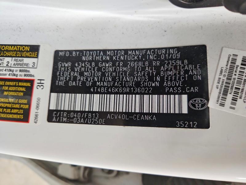 2009 Toyota Camry მანქანა იყიდება აუქციონზე, vin: 4T4BE46K69R136022, აუქციონის ნომერი: 63919416