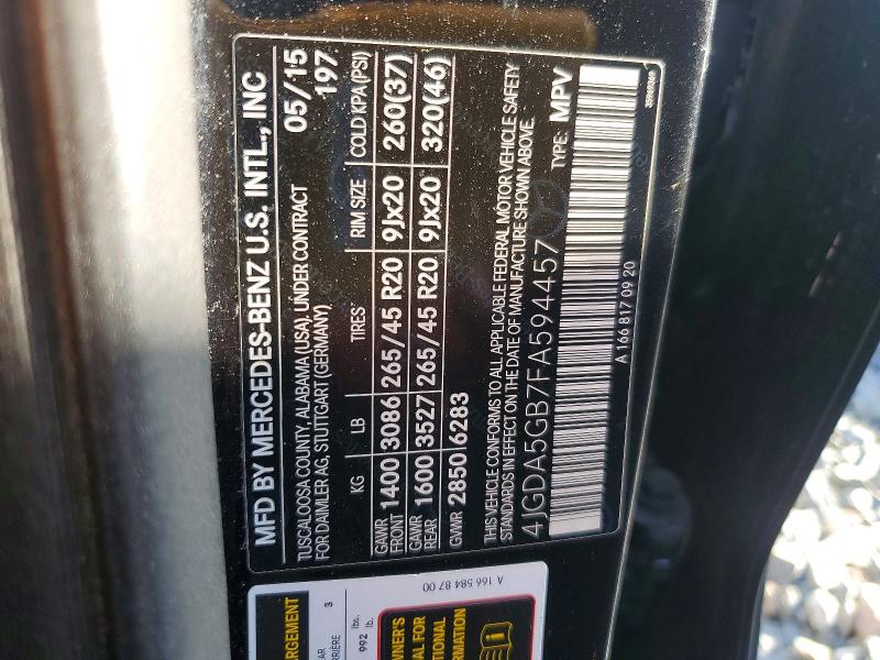 2015 Mercedes-benz Ml მანქანა იყიდება აუქციონზე, vin: 4JGDA5GB7FA594457, აუქციონის ნომერი: 64366016