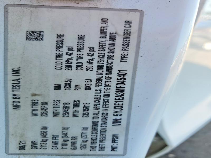 Aukcja sprzedaży 2021 Tesla Model 3, vin: 5YJ3E1EA3MF045401, numer aukcji: 65669746