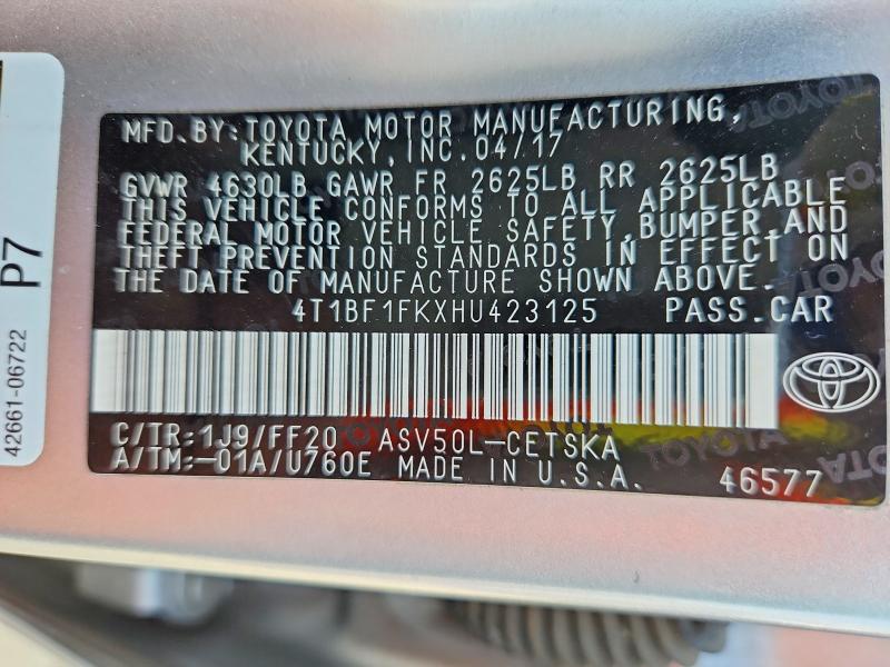 Продаж на аукціоні авто 2017 Toyota Camry, vin: 4T1BF1FKXHU423125, номер лоту: 63617266