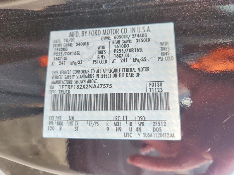 63855076 :رقم المزاد ، 1FTRF182X2NA47575 vin ، 2002 Ford F150 مزاد بيع