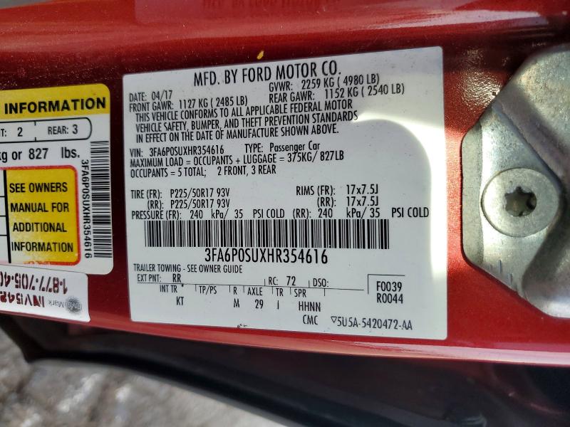 Aukcja sprzedaży 2017 Ford Fusion, vin: 3FA6P0SUXHR354616, numer aukcji: 66234256