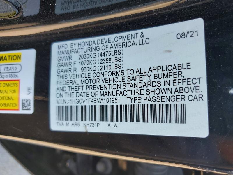 Продаж на аукціоні авто 2021 Honda Accord, vin: 1HGCV1F48MA101951, номер лоту: 66797776