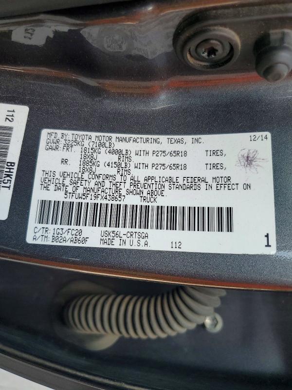 64242086 :رقم المزاد ، 5TFUW5F19FX438657 vin ، 2015 Toyota Tundra مزاد بيع
