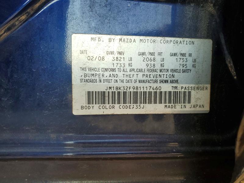 2008 Mazda 3 მანქანა იყიდება აუქციონზე, vin: JM1BK32F981117460, აუქციონის ნომერი: 64909246