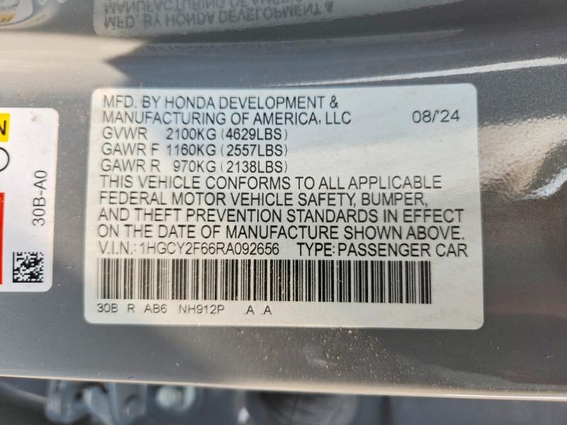 Продаж на аукціоні авто 2024 Honda Accord, vin: 1HGCY2F66RA092656, номер лоту: 64074666