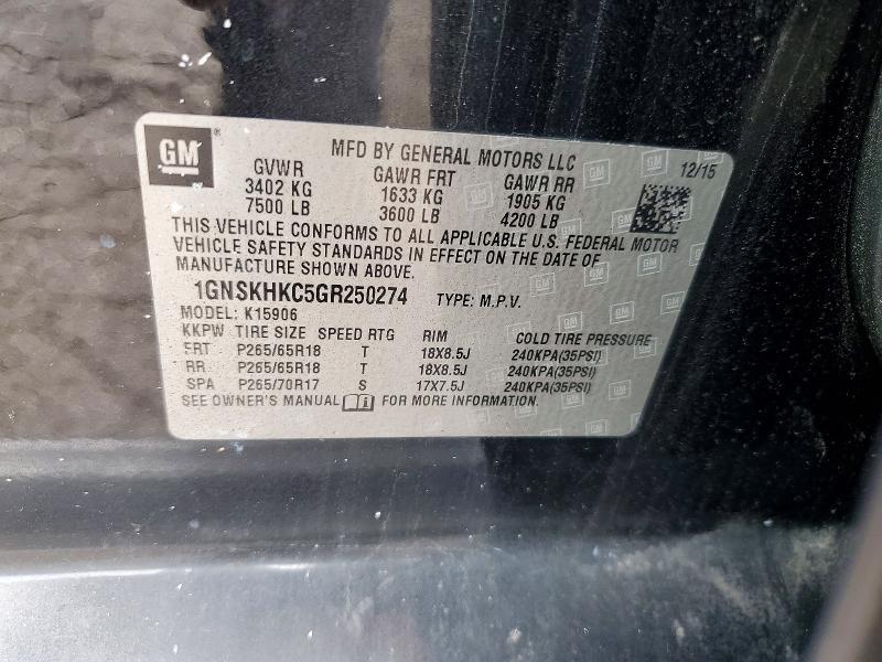 Auction sale of the 2016 Chevrolet Suburban, vin: 1GNSKHKC5GR250274, lot number: 67248206