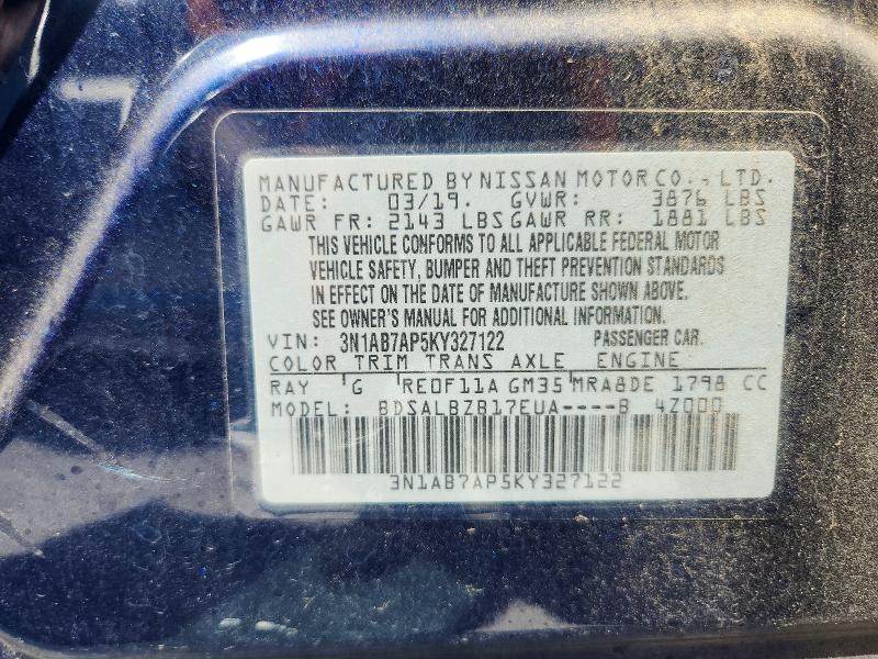 2019 Nissan Sentra მანქანა იყიდება აუქციონზე, vin: 3N1AB7AP5KY327122, აუქციონის ნომერი: 66838706